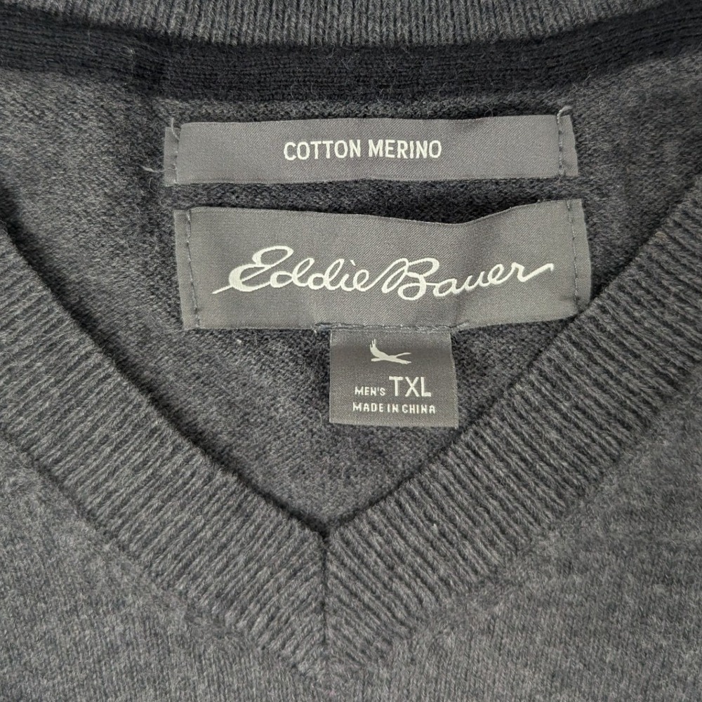 Eddie Bauer Mens TXL Charcoal Gray Cotton Merino Wool V-Neck Sweater Tall XL - Picture 2 of 11